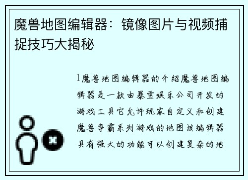 魔兽地图编辑器：镜像图片与视频捕捉技巧大揭秘