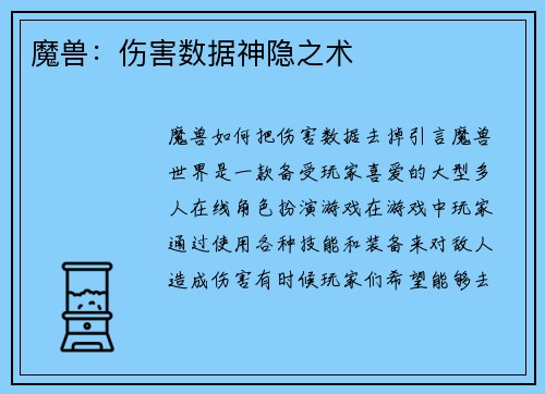 魔兽：伤害数据神隐之术